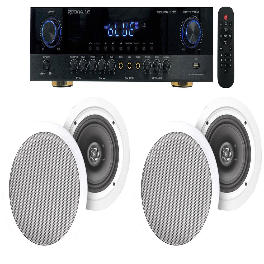 Rockville SINGMIX 5 Bluetooth Home Amplifier Receiver+(4) 8" Ceiling Speakers