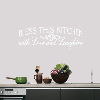 Sweetums Signatures - Wall Decal for Kitchen - Bless This Kitchen with Love and Laughter Sticker - Multiple Size Options - Select Your Color (White, 50" Wide x 16" Tall)