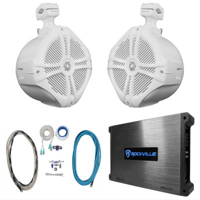 Rockville RWB90W Bundle: (2) 8 in 300-Watt Peak/200-Watt RMS Wakeboard Swivel Tower Marine Speakers, DBM25 Class-AB Amplifier, RGHR2 Gauge-Hole Receiver, RMWK4 Marine Amp Install Kit, 5-Items