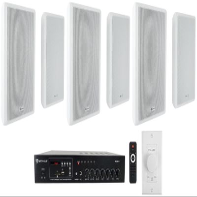 Rockville RCS80-1 Bundle: 60W 70V Commercial/Restaurant Amplifier/Bluetooth Receiver, (6) RockSlim 70W White 5.25" 70V Wall Speakers, VOL70100 100W Wall Volume Controller, 8-Items