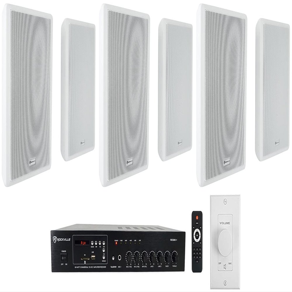 Rockville RCS80-1 Bundle: 60W 70V Commercial/Restaurant Amplifier/Bluetooth Receiver, (6) RockSlim 70W White 5.25" 70V Wall Speakers, VOL70100 100W Wall Volume Controller, 8-Items