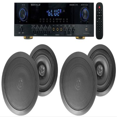 Rockville SINGMIX 5 Bluetooth Home Receiver Amp+(4) 8" Black Ceiling Speakers