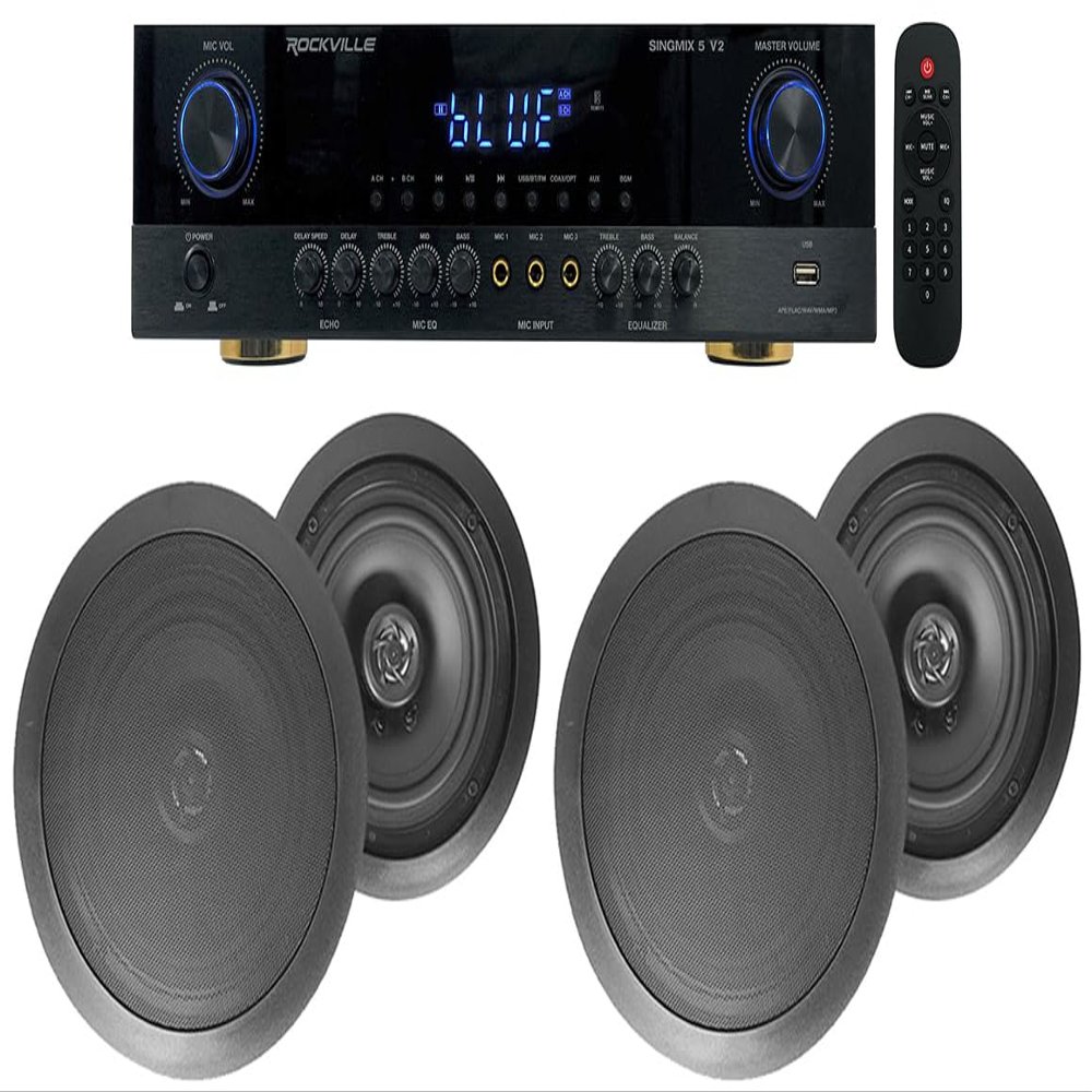 Rockville SINGMIX 5 Bluetooth Home Receiver Amp+(4) 8" Black Ceiling Speakers