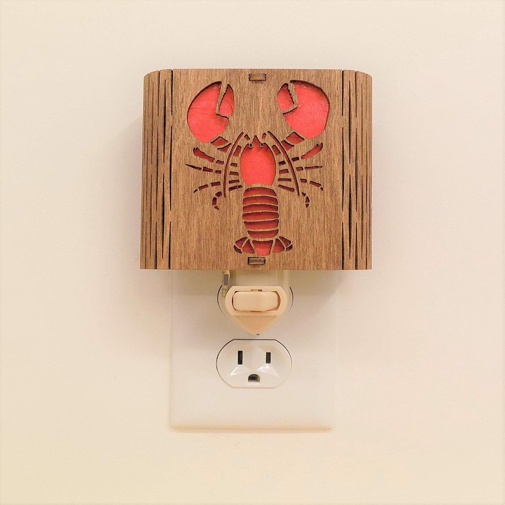 Lobster Night Light, Vermont Lamps Night Light, Hand Made, Wooden, Lobster, Ideal for Bedroom, Hallway, Baby's Room, Bathroom, Nursery, Long Lasting LED Bulb