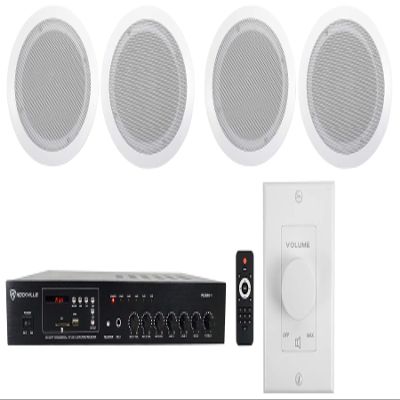 Rockville Commercial Audio Bundle: (4) CC65T White 6.5" 70V Ceiling Speakers White, for Restaurants with RCS80-1 60W Bluetooth Amplifier/Receiver, VOL70100 Wall Volume Control, 6-Items