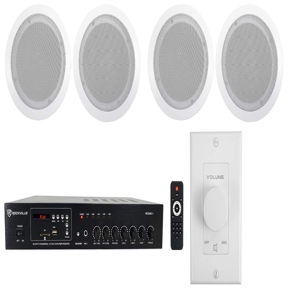 Rockville Commercial Audio Bundle: (4) CC65T White 6.5" 70V Ceiling Speakers White, for Restaurants with RCS80-1 60W Bluetooth Amplifier/Receiver, VOL70100 Wall Volume Control, 6-Items