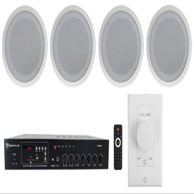 Rockville Commercial Audio Bundle: (4) CC80T White 8" 70V Ceiling Speakers for Restaurant/Bar with RCS80-1 60W 70V Amplifier with Bluetooth, VOL70100 Wall Volume Controller, 6-Items
