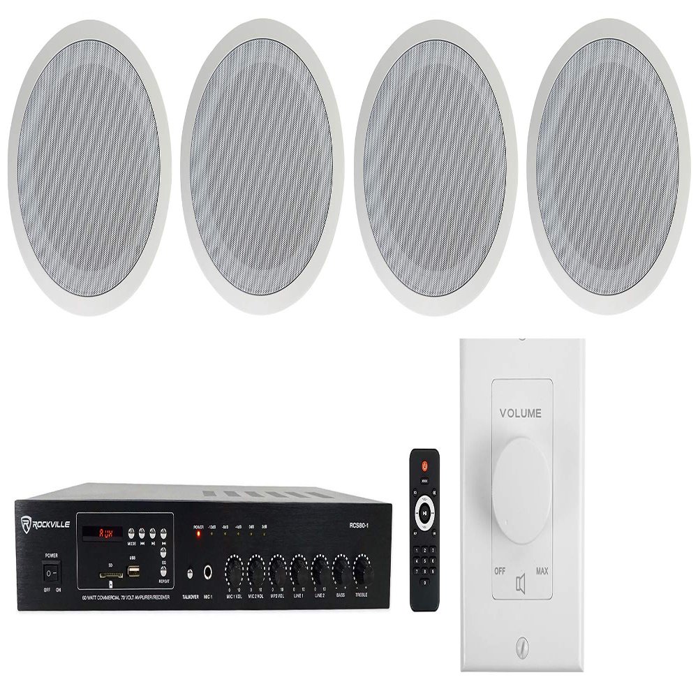 Rockville Commercial Audio Bundle: (4) CC80T White 8" 70V Ceiling Speakers for Restaurant/Bar with RCS80-1 60W 70V Amplifier with Bluetooth, VOL70100 Wall Volume Controller, 6-Items