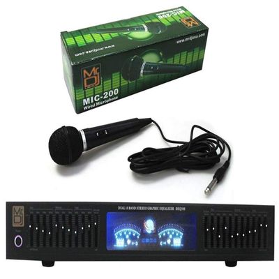 Mr. Dj DEQ500 Dual Band Stereo Graphic Equalizer with 10 Band EQ Blue LEDs and Dual Vu Meters Level Monitor with Mr. Dj MIC200
