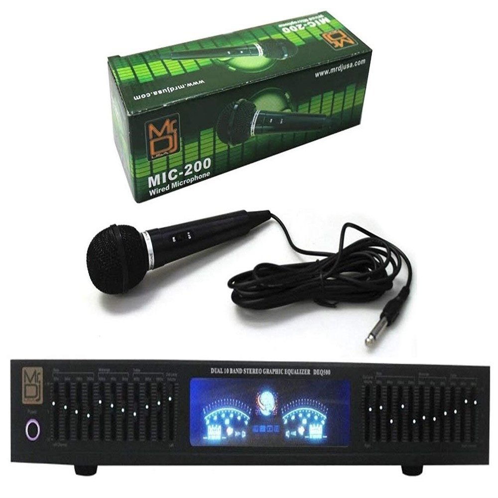 Mr. Dj DEQ500 Dual Band Stereo Graphic Equalizer with 10 Band EQ Blue LEDs and Dual Vu Meters Level Monitor with Mr. Dj MIC200