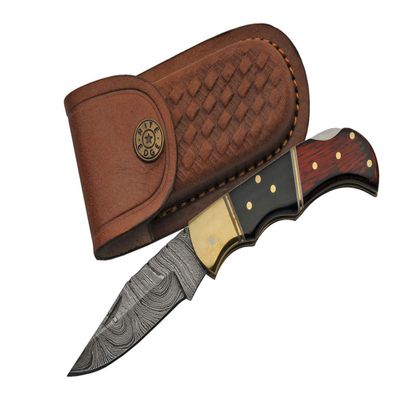 SANZ Damascus Folding Pocket Knife 3.5 Inch - Brown/Black Folding Knife for Men with Clip, Blade, Wood and Horn Handle for Camping, Outdoor Use