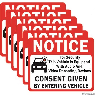 6-Pack Double Sided 3.5"x2.5"- Notice Vehicle is Equipped With Audio And Video Recording Devices Consent By Entering Car Sticker-Double Sided Vinyl Decal, UV Protected, Waterproof, Indoor&Outdoor Use