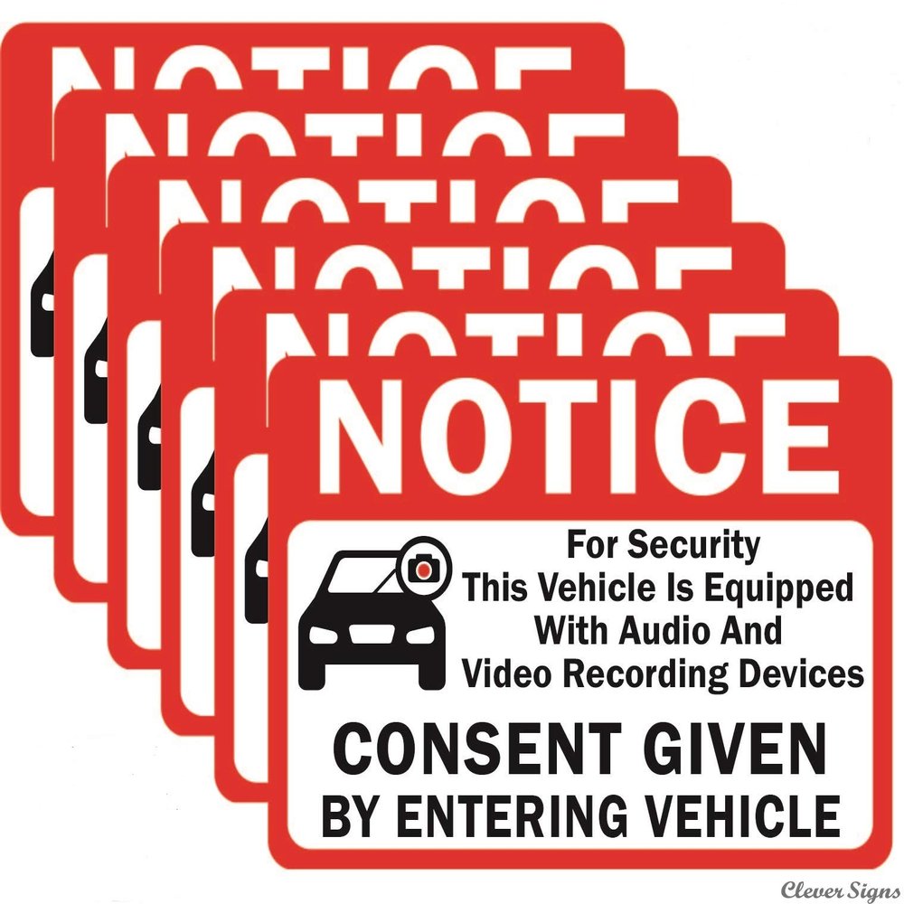 6-Pack Double Sided 3.5"x2.5"- Notice Vehicle is Equipped With Audio And Video Recording Devices Consent By Entering Car Sticker-Double Sided Vinyl Decal, UV Protected, Waterproof, Indoor&Outdoor Use
