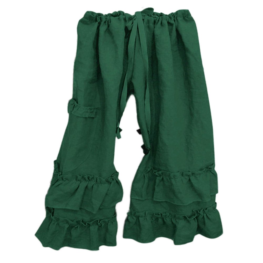 Womens Casual Ruffled Loose Pocket Pants Plus Size Cotton Linen Folds Pants Wide Leg Solid Color Hem Elastic Waisted Trousers (Green,Large)