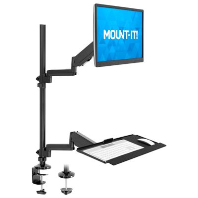 MOUNT-IT! Sit Stand Monitor Desk Mount [Fits 32" Screens] Height Adjustable, Full-Motion Articulating Arm with Keyboard Tray and Cable Management (Black)