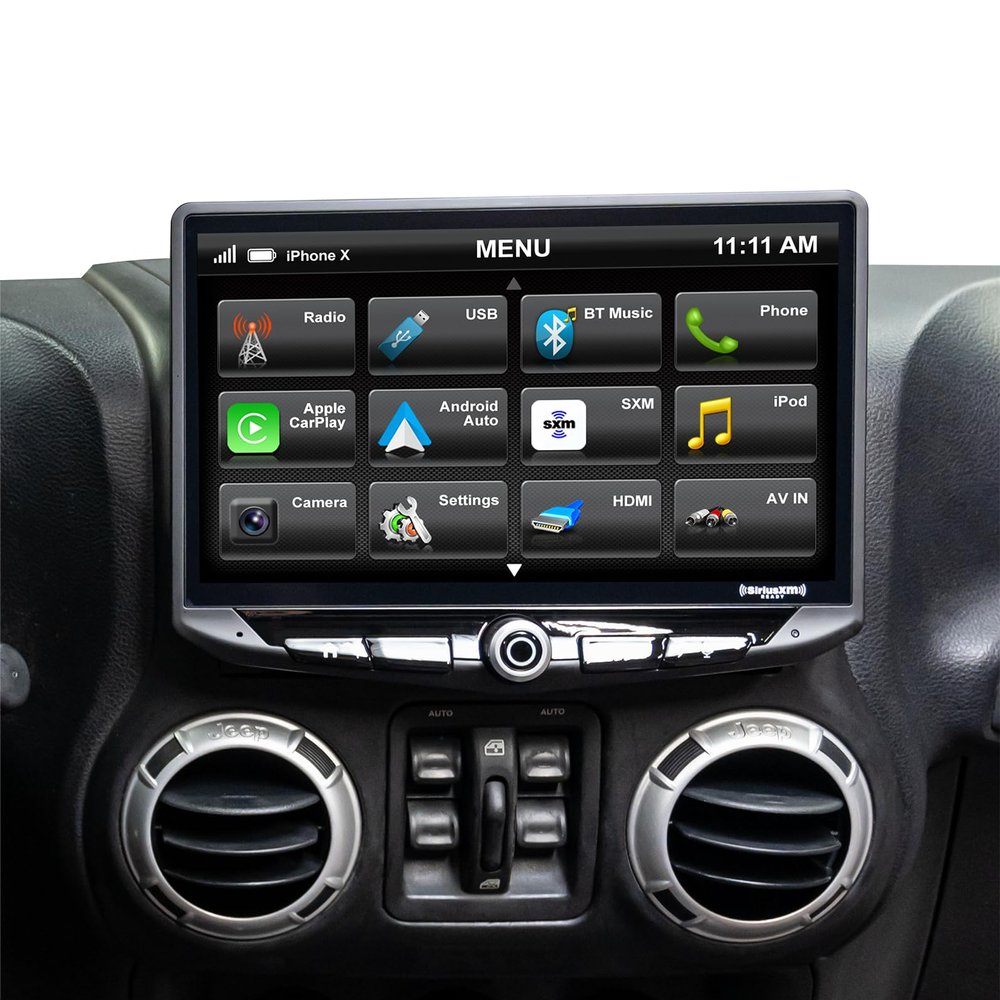 STINGER HEIGH10 Wrangler JK Stereo Replacement 10" HD Touchscreen Radio with Android Auto, Apple CarPlay, Handsfree Bluetooth, Dual USB Includes All-in-one Dash Kit & Interface, 2007-2018 (STH10JK)