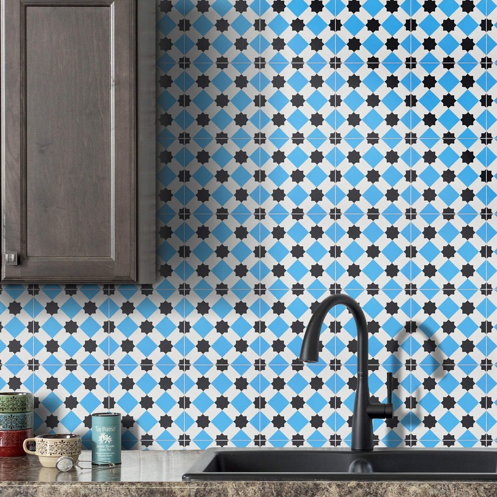 Moroccan Mosaic & Tile House CTP23-02 AIT BAHA Handmade Cement Tiles, Pack of 12, Blue and Black