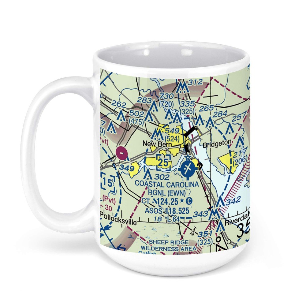 Coastal Carolina Regional Airport, Terminal Drive, New Bern, NC, USA FAA Sectional Aeronautical Charts Chart Mug, 15oz