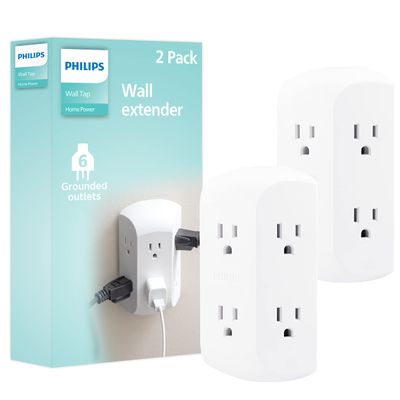 Philips 6-Outlet Extender, 2 Pack, Grounded Wall Tap, Adapter Spaced Outlets, 3-Prong, Multiple Plug, Quick and Easy Install, Cruise Essentials, Use for Home Office, UL Listed, White, SPS1742WA/37
