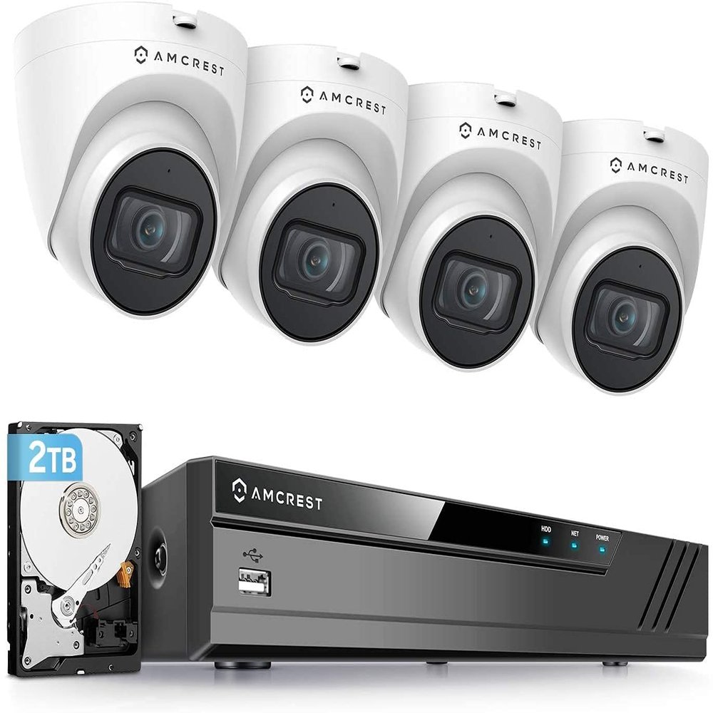 Amcrest 5MP POE Security Camera System Outdoor, 8CH POE NVR, 4pcs 5MP Turret Cameras, IP67 Metal Turret IP Cameras, Built in Mic, Pre-Installed 2TB Hard Drive, NV4108E-IP5M-T1179EW4-2TB