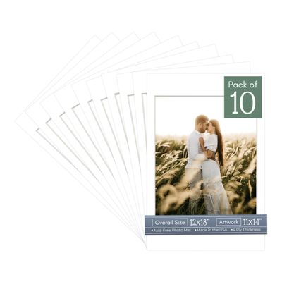 CountryArtHouse Textured White Acid Free 12x18 Picture Frame Mats with White Core Bevel Cut for 11x14 Pictures - Fits 12x18 Frame - Pack of 10 Mats