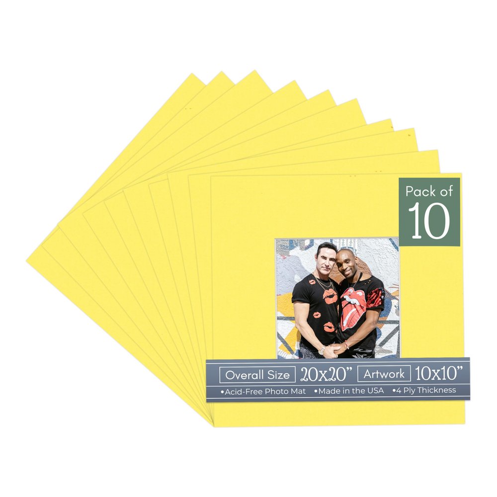 CountryArtHouse Vibrant Yellow Acid Free 20x20 Picture Frame Mats with White Core Bevel Cut for 10x10 Pictures - Fits 20x20 Frame - Pack of 10 Mats
