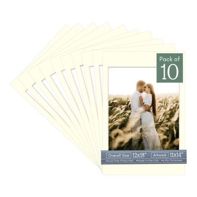 CountryArtHouse Textured Cream Acid Free 12x18 Picture Frame Mats with White Core Bevel Cut for 11x14 Pictures - Fits 12x18 Frame - Pack of 10 Mats