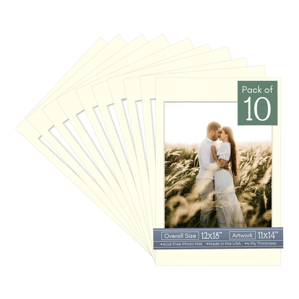 CountryArtHouse Textured Cream Acid Free 12x18 Picture Frame Mats with White Core Bevel Cut for 11x14 Pictures - Fits 12x18 Frame - Pack of 10 Mats