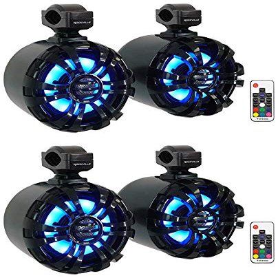 Rockville WB65KLED Black 600W 6.5" Marine Wakeboard Tower Speakers, 4 Ohm, LED Lighting, 360-Degree Swivel, Waterproof, with Remote, for Boats and Off-Road Vehicles, 4-Piece