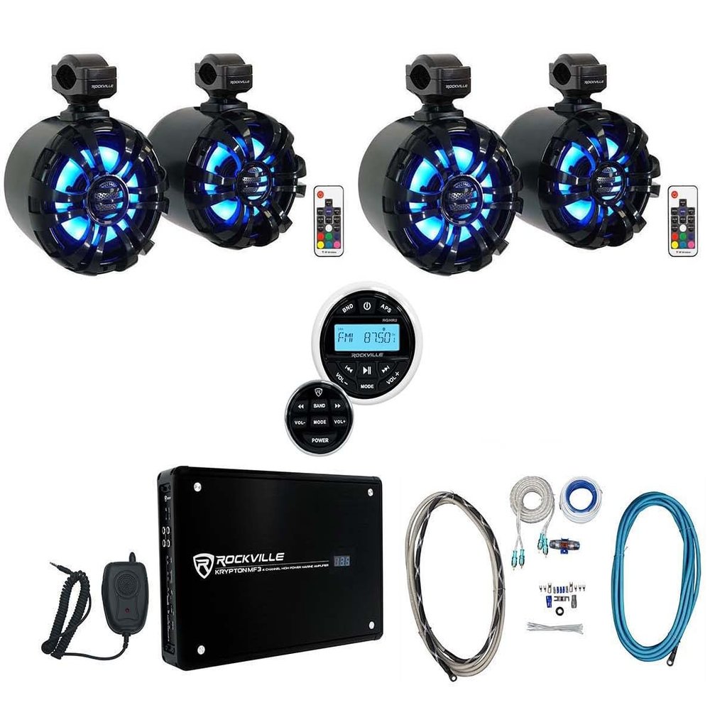 Rockville WB65KLED Bundle: (4) 6.5-in 600W Marine Wakeboard LED Tower Speakers, RGHR2 Marine Gauge Hole Receiver, Krypton MF3 1600W Peak Amplifier, RMWK4 4 AWG Amp Install Kit, 7 Items