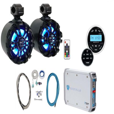 Rockville WB65KLED Bundle: (2) 6.5 in 600-Watt Marine LED Tower Speakers, Black, RXM-T1 1500W Peak Amplifier, RMWK4 4 AWG Waterproof Amp Install Wire Kit, RGHR2 Marine Gauge Hole Receiver, 4-Items