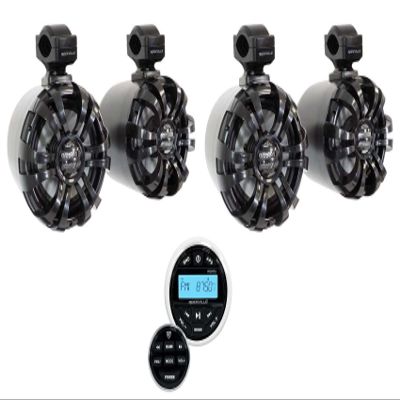 Rockville WB65 Bundle: (4) 6.5 in 600W Peak / 300W RMS Metal Marine Wakeboard Swivel Tower Speakers, RGHR2 Marine Gauge Hole Receiver with Bluetooth/USB/Radio, Wired Remote, 6-Items