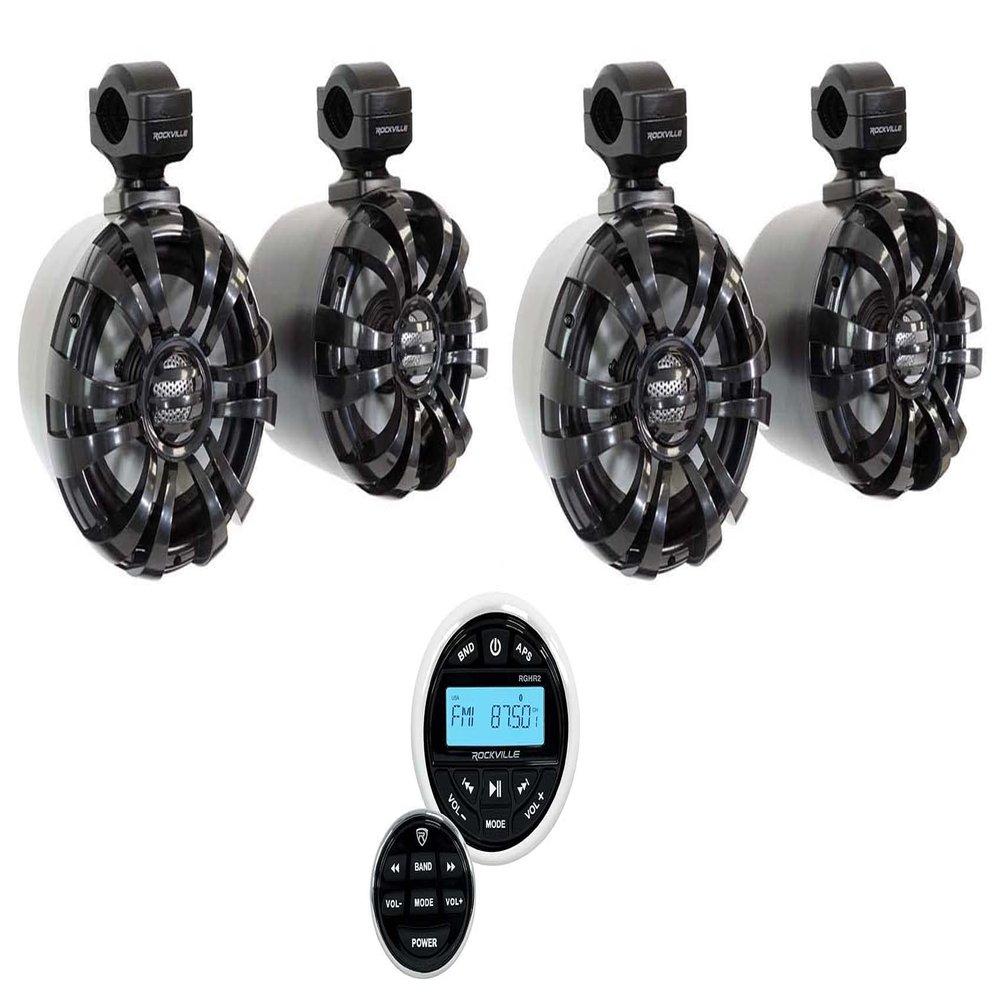 Rockville WB65 Bundle: (4) 6.5 in 600W Peak / 300W RMS Metal Marine Wakeboard Swivel Tower Speakers, RGHR2 Marine Gauge Hole Receiver with Bluetooth/USB/Radio, Wired Remote, 6-Items