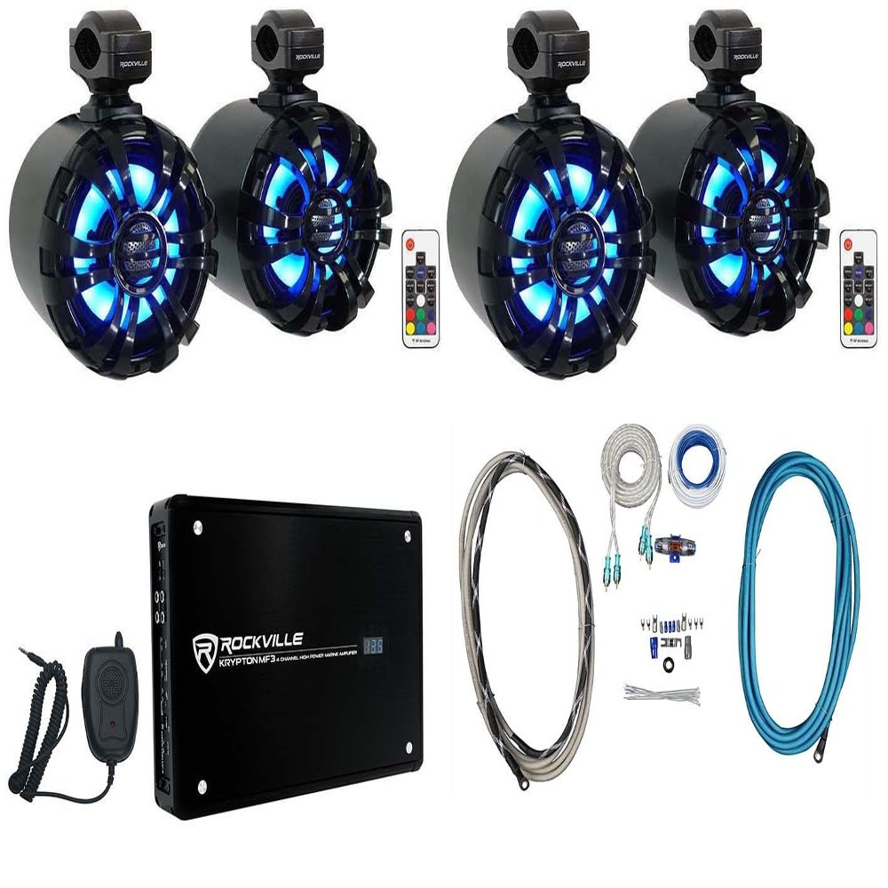 Rockville WB65KLED Bundle: (4) 6.5 in 600W Black Wakeboard LED Tower Speakers, Krypton MF3 1600W Peak/400W RMS 4 Channel Marine Amplifier, RMWK4 4 AWG Marine Install Kit, 5-Items