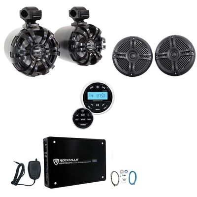 Rockville WB65 Bundle: 6.5" Wakeboard Tower Speakers, RMSTS65B 6.5" Marine Speakers, RGHR2 Gauge Bluetooth USB Receiver, Krypton MF3 4-Channel Marine Amp, RMWK4 4 AWG Marine Amp Wiring Kit, 5-Items