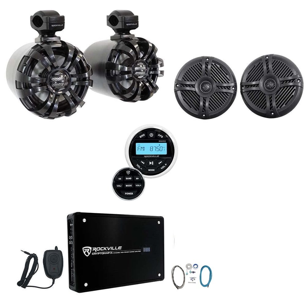 Rockville WB65 Bundle: 6.5" Wakeboard Tower Speakers, RMSTS65B 6.5" Marine Speakers, RGHR2 Gauge Bluetooth USB Receiver, Krypton MF3 4-Channel Marine Amp, RMWK4 4 AWG Marine Amp Wiring Kit, 5-Items