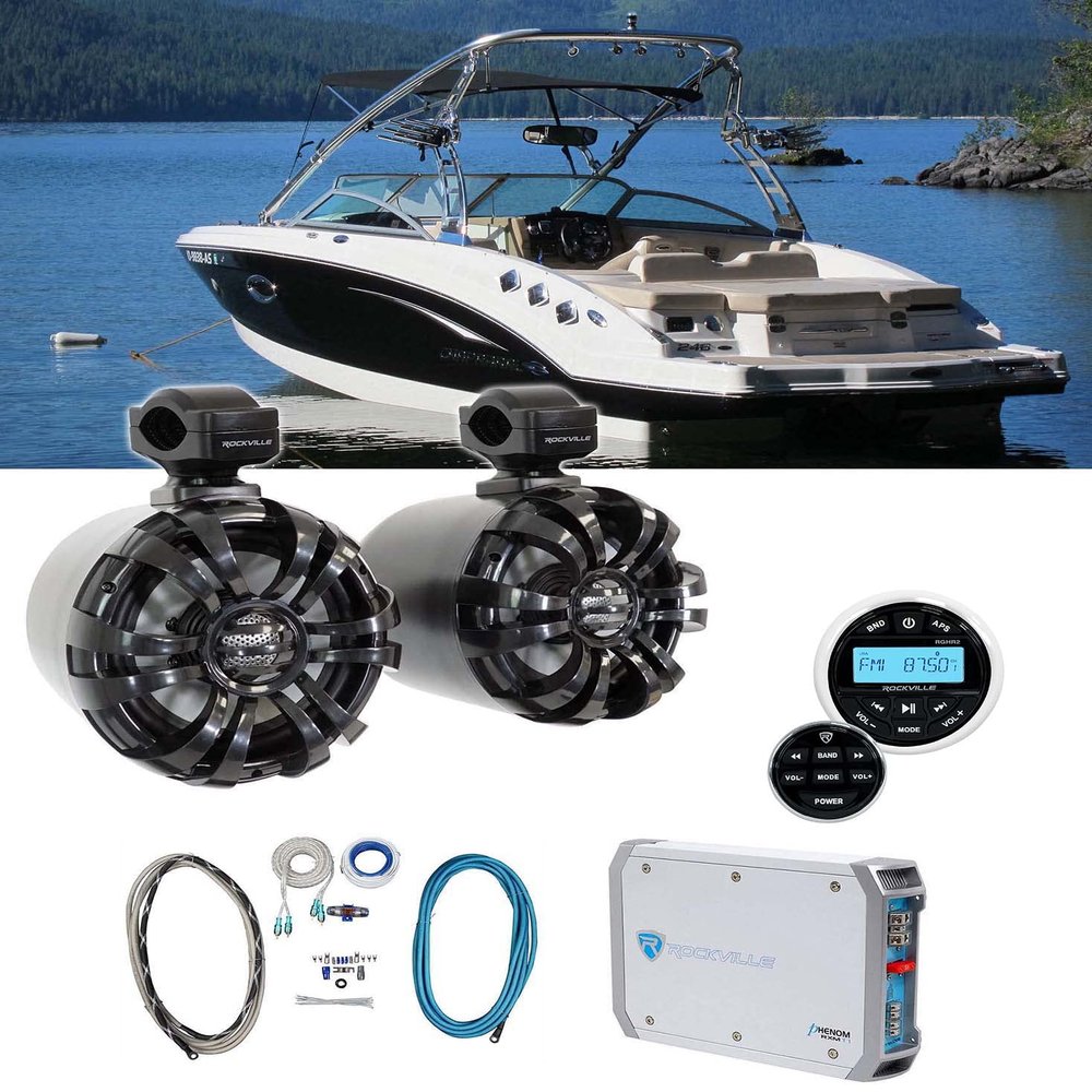 Rockville WB65 Black Bundle: 6.5" 600W Marine Metal Wakeboard Swivel Tower Speakers, RXM-T1 1500W 2-Ch Marine Amplifier, RMWK4 4 AWG Wire Kit, RGHR2 Receiver w Bluetooth USB, Wired Remote, 4 Items