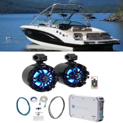 Rockville WB65KLED Bundle: (2) Black 6.5" 600-Watt Marine Wakeboard LED Tower Speakers with Swivel Mounts, RXM-T1 1500W Peak Marine Amplifier, RMWK4 Waterproof Install Wire Kit, 4-Items