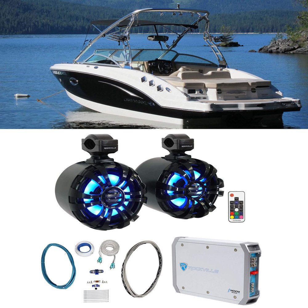 Rockville WB65KLED Bundle: (2) Black 6.5" 600-Watt Marine Wakeboard LED Tower Speakers with Swivel Mounts, RXM-T1 1500W Peak Marine Amplifier, RMWK4 Waterproof Install Wire Kit, 4-Items