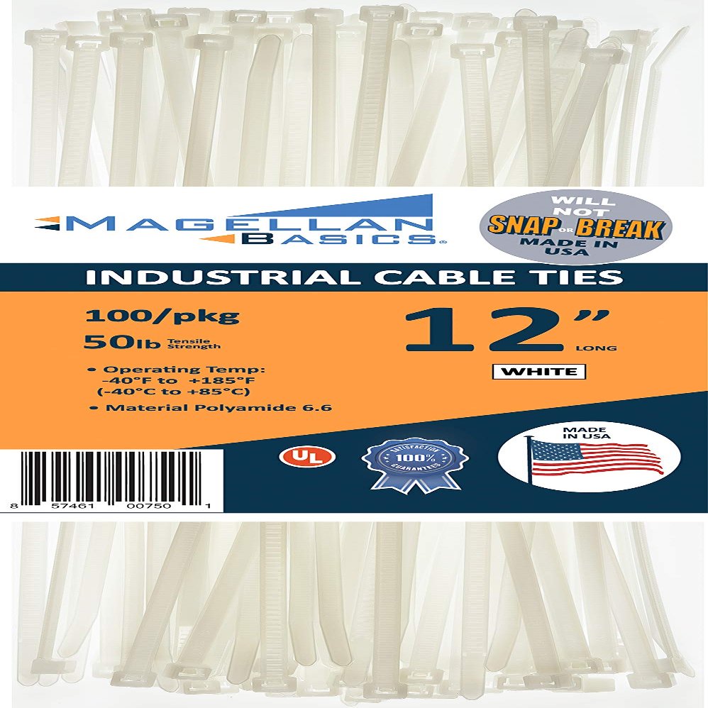 100 Pack Cable Zip Ties Heavy Duty"Made in the USA" 12 inch, White (Made in the USA will not Break or Snap)