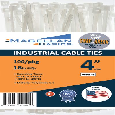 100 Pack Cable Zip Ties Heavy Duty"Made in the USA" 4 inch, White (Made in the USA will not Break or Snap)