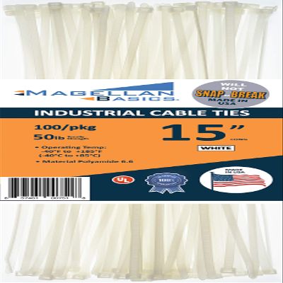 100 Pack Cable Zip Ties Heavy Duty"Made in the USA" 15 inch, White (Made in the USA will not Break or Snap)
