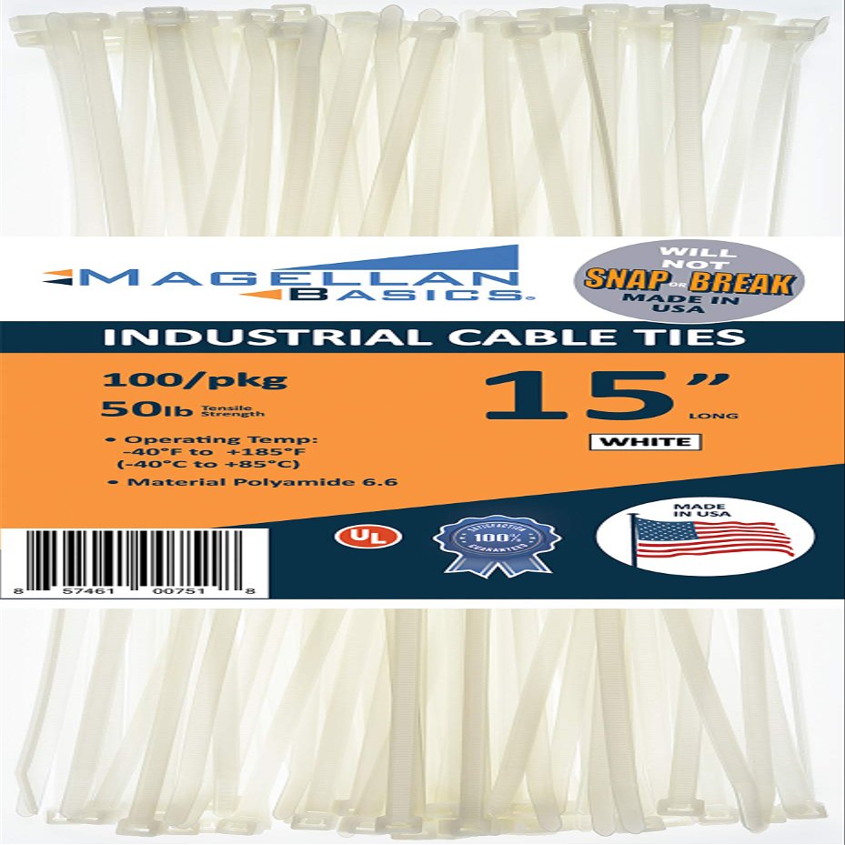 100 Pack Cable Zip Ties Heavy Duty"Made in the USA" 15 inch, White (Made in the USA will not Break or Snap)