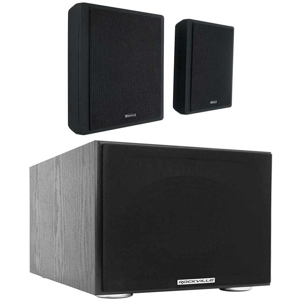 Rockville RockSlim Bundle: (2) 5.25 in 240-Watt Slim Home Theater Speakers with Wall Mount Brackets, Rock Shaker 8-in 400-Watt Powered Home Theater Subwoofer, Black, 3-Items