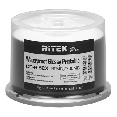 500 Pack Ritek Pro CD-R 52X 700MB 80Min Professional Grade Watershield Water Resistant Glossy White Inkjet Hub Printable Blank Recordable Disc