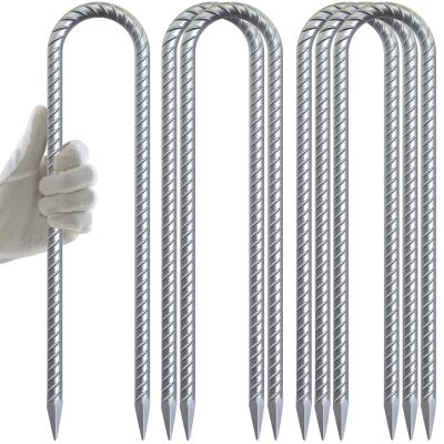 AAGUT Trampoline Stakes 12 Inch 6 Pack, 3/8 Inch Trampoline Tie Down Anchor Kit High Wind Heavy Duty, Galvanized Steel Trampolines Accessories U Shaped Ground Rebar Stakes for Soccer Goal, Swing Set