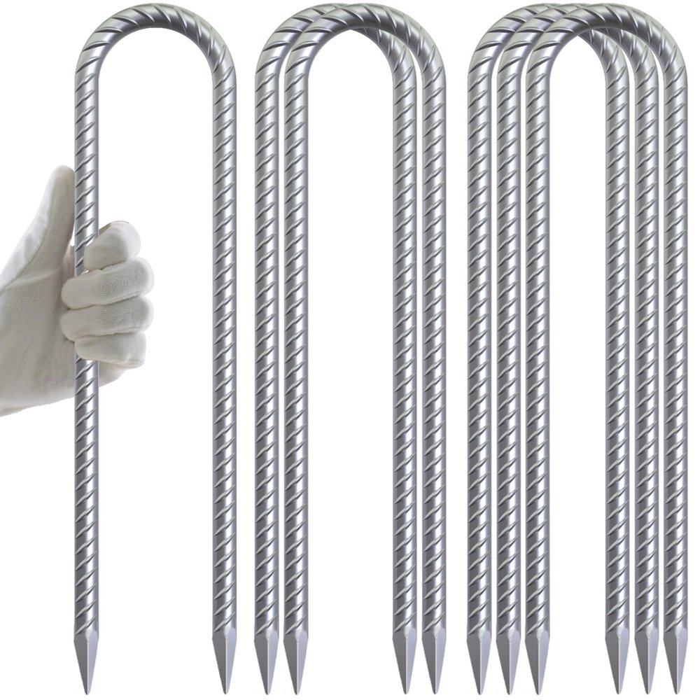 AAGUT Trampoline Stakes 12 Inch 6 Pack, 3/8 Inch Trampoline Tie Down Anchor Kit High Wind Heavy Duty, Galvanized Steel Trampolines Accessories U Shaped Ground Rebar Stakes for Soccer Goal, Swing Set