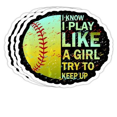 Chilli Purple I Know I Play Like A Girl Try to Keep Up Softball Gift Decorations - 4x3 Vinyl Stickers, Laptop Decal, Water Bottle Sticker (Set of 3)