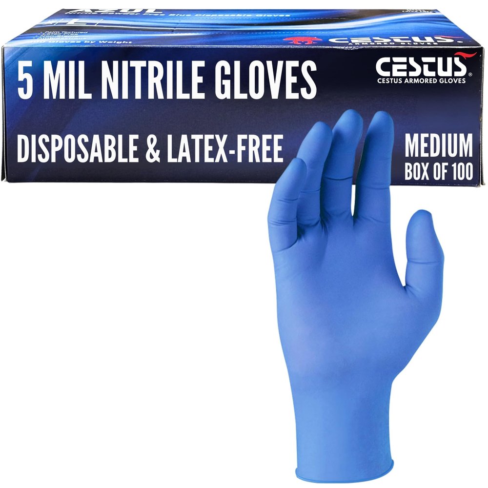 Cestus Azul, 5 Mil Nitrile Gloves, Disposable Gloves, Latex-Free, Powder-Free, Non-Sterile, Air-Tested, Textured (Box of 100, Medium)