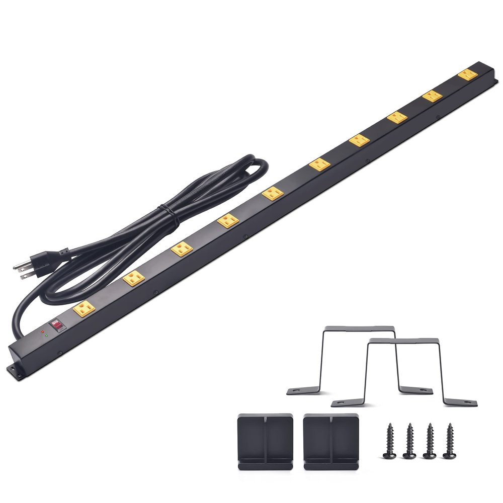 10-Outlet Heavy Duty Power Strip Surge Protector Metal Long Extension Cord 6-Foot, SGS Certified,Black(1000J)